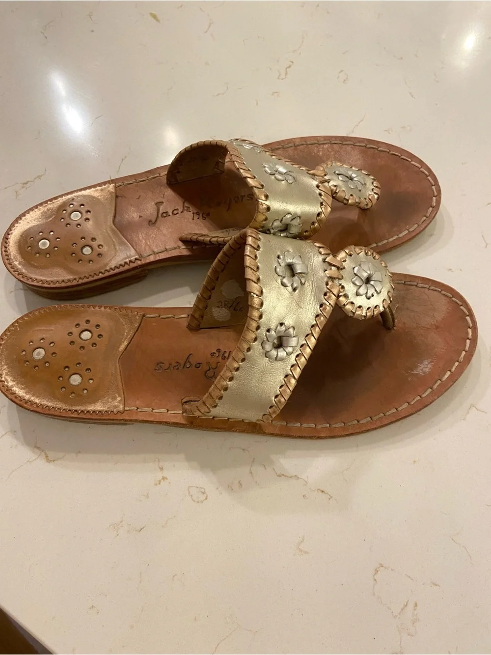 Jack Roger’s Leather Slide Sandals in Metallic Gold